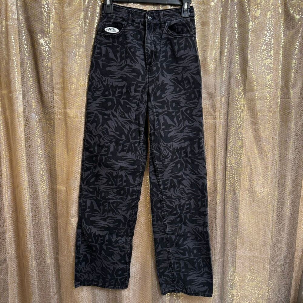 No Fear x H&M Baggy Wide-leg Black Gray Printed Y2K Style Jeans XS/0